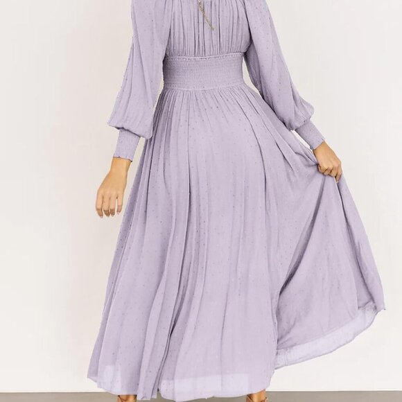 Women's Puff Long Sleeve Maxi Dress Square Neck Elastic Empire Waist Swiss Dots - Picture 4 of 6